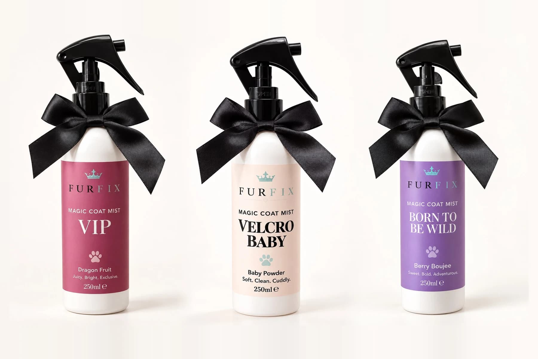 FurFix® Magic Coat Mist Personality Collection: VIP with its pink label, Velcro Baby with its cream label and Born to Be Wild with its purple label, 250ml each