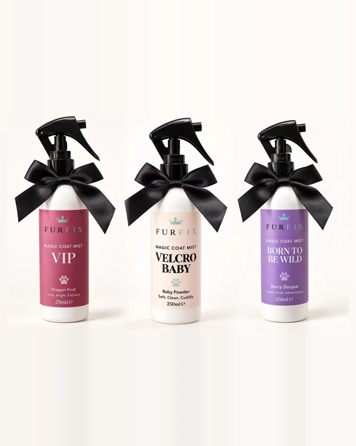 FurFix® Magic Coat Mist Personality Collection: VIP with its pink label, Velcro Baby with its cream label and Born to Be Wild with its purple label, 250ml each