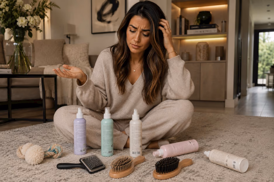 An owner sitting on the floor surrounded by grooming sprays and brushes, unsure which to use