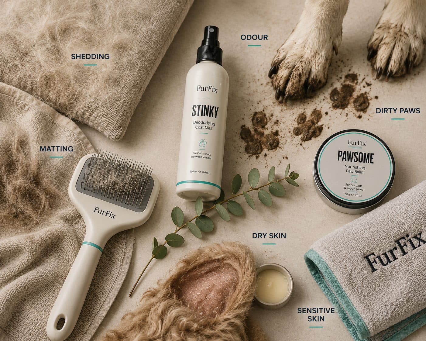 FurFix products laid out around common grooming problems — shedding, matting, odour, dirty paws, dry skin and sensitive skin