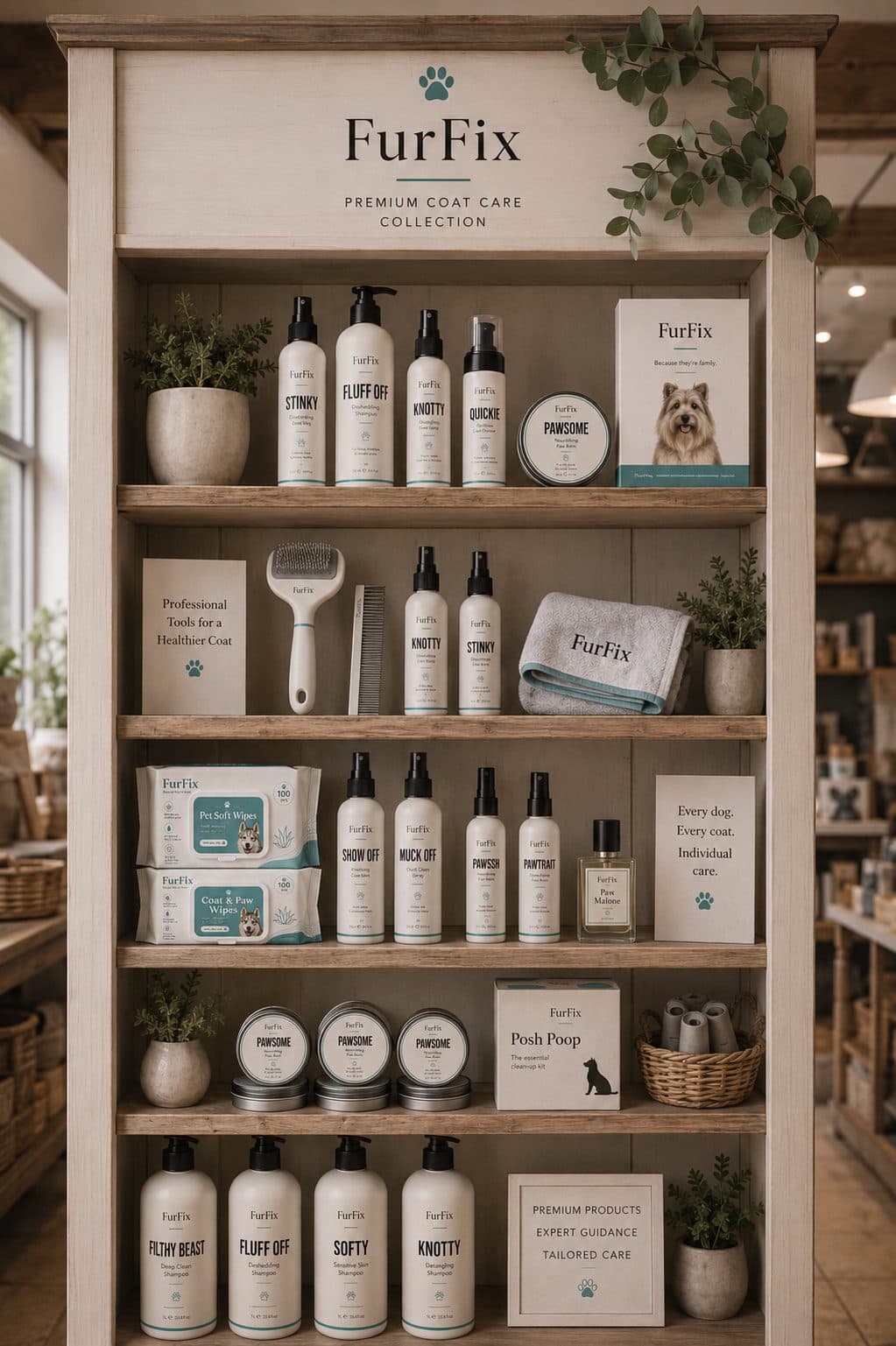 A FurFix premium coat care collection display in a retail shop