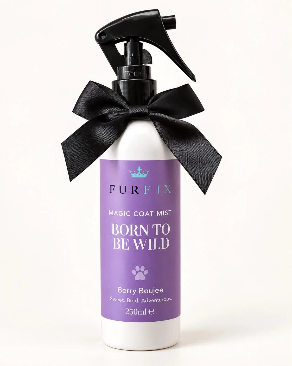 FurFix® Magic Coat Mist Born to Be Wild, 250ml — white spray bottle with a purple label and black bow