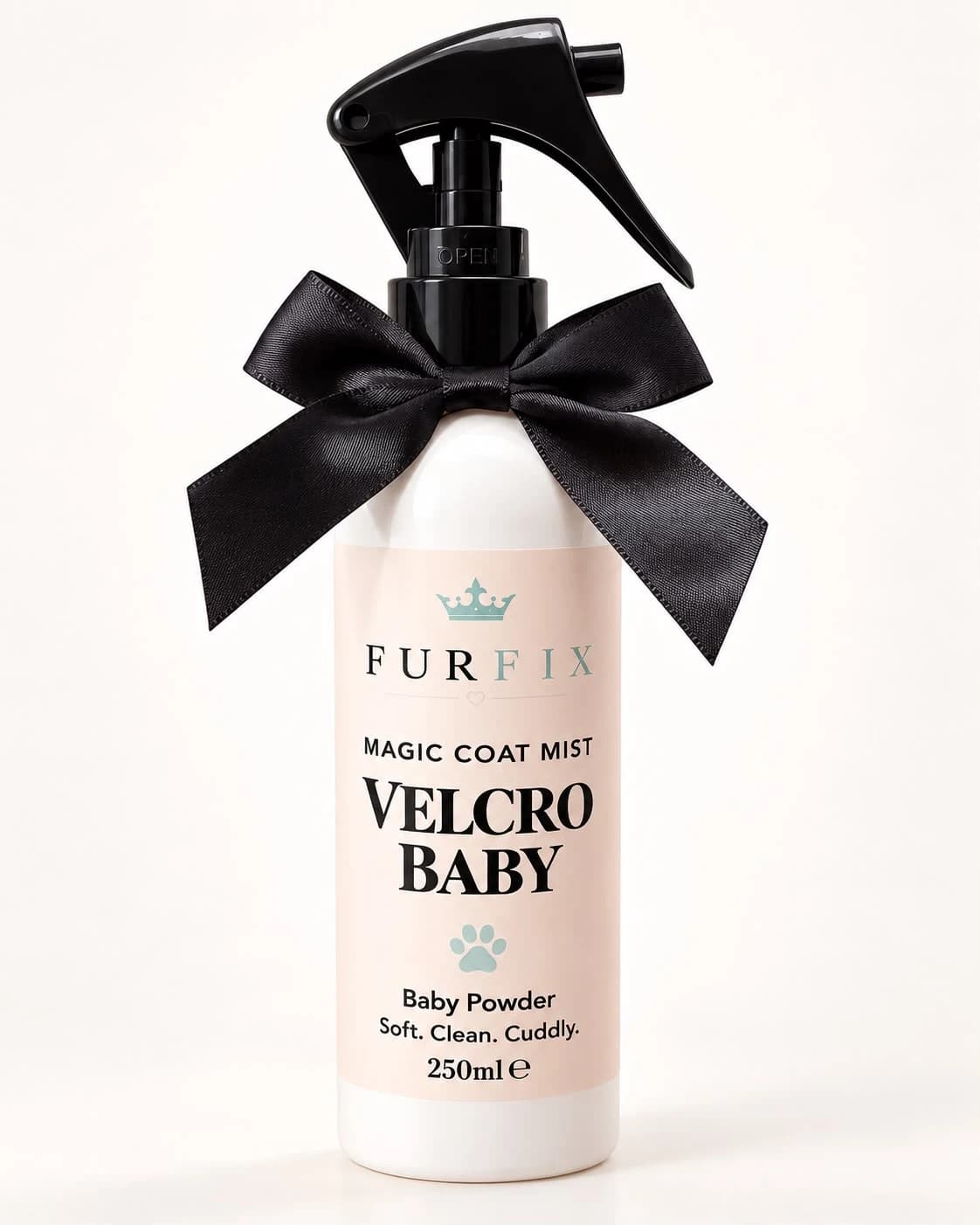 FurFix® Magic Coat Mist Velcro Baby, Baby Powder, 250ml — white spray bottle with a cream label and black bow