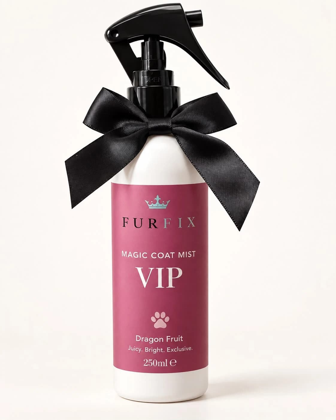 FurFix® Magic Coat Mist VIP, Dragon Fruit, 250ml — white spray bottle with a pink label and black bow